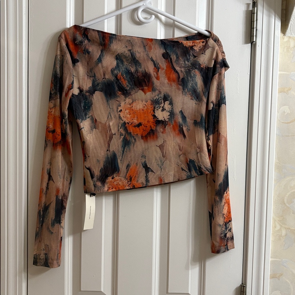Commense Off-shoulder Wrap Long-sleeve Crop Top - Orange, Sandalwood and Black - Picture 6 of 8